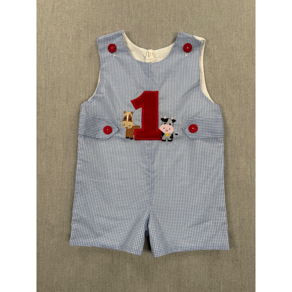 Zuli Kids Baby Boy 1st Birthday Farm Animal Gingham Jon Jon Romper Blue 18M